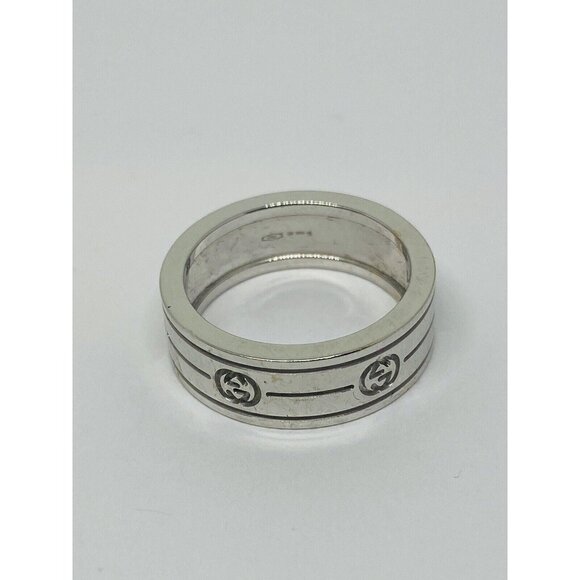 Platinum Estate Finds Jewelry - GORGEOUS GUCCI 18KT WHITE GOLD BAND LOGO RING SIZE 5 1/2 6MM WIDE